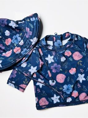 Infant Girls Navy Watercolor Floral Rash Guard & Sun Hat Swim Set 2pc 6-9M